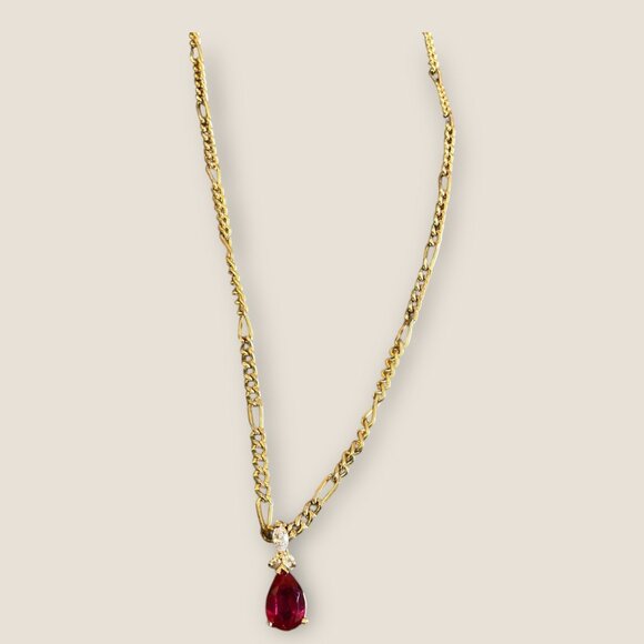 14K Gold Plated Necklace With Red Teardrop Gemstone Pendant & Rhinestones 20 Inc - Picture 2 of 6